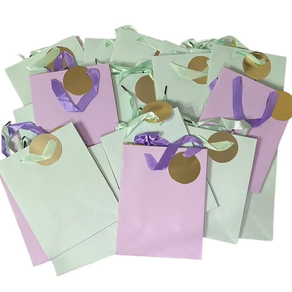 23 Gift Bags Euro Totes Two-Tone Metallic w/Attached Gift Tags & Ribbon Handles